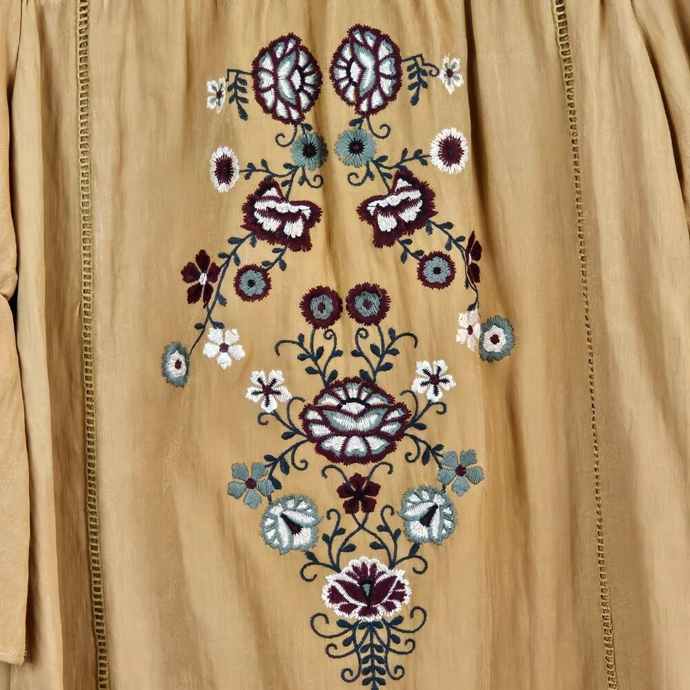 POLAGRAM Embroidered Boho Bell Sleeve Dress Mustard Floral L - Picture 5 of 9